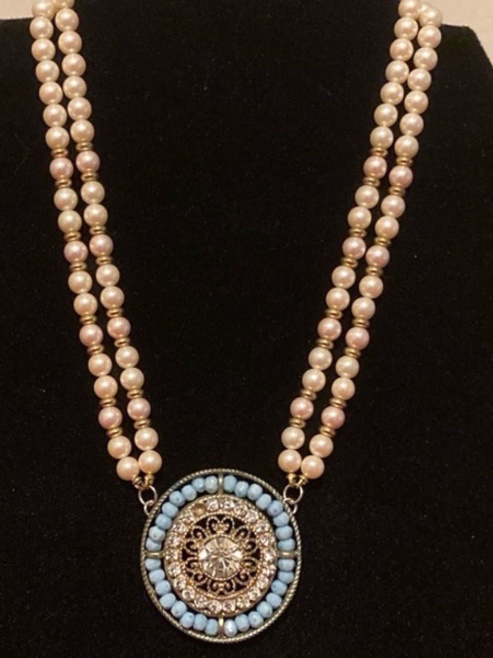 Vintage Double Strand Faux Pearl Necklace Blue Crystal Mandala Statement